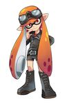  belt boots goggles goggles_on_head highres inkling jacket leather leather_jacket long_hair orange_eyes orange_hair pointy_ears shorts solo splatoon_(series) splatoon_1 tentacle_hair wong_ying_chee 