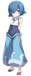  arms_behind_back blue_eyes blue_hair blue_pants blush breasts chestnut_mouth covered_navel creatures_(company) full_body game_freak hair_ornament karukan_(monjya) nintendo one-piece_swimsuit pants pokemon pokemon_(game) pokemon_sm short_hair simple_background small_breasts solo standing suiren_(pokemon) swimsuit swimsuit_under_clothes white_background 