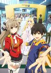  amagi_brilliant_park blonde_hair blue_eyes brown_eyes brown_hair kanie_seiya latifa_fleuranza looking_at_viewer multiple_boys multiple_girls open_mouth sento_isuzu smile tiara 