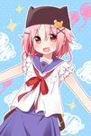  gakkou_gurashi! hair_ornament hairclip hat looking_at_viewer open_mouth pillow_hat pink_eyes pink_hair ringo_yuyu school_uniform short_hair skirt smile solo takeya_yuki x_hair_ornament 