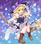  :d apron arm_up blonde_hair boots bow braid broom broom_riding brown_footwear cross-laced_footwear frills full_body gradient gradient_background hair_bow hair_ornament hat hat_bow hat_ribbon highres kirisame_marisa kuronohana lace-up_boots long_hair open_mouth pointing pointing_up puffy_sleeves ribbon shirt short_sleeves side_braid single_braid skirt skirt_set smile solo star touhou vest waist_apron witch_hat wrist_cuffs 