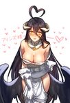  ahoge aken albedo bare_shoulders black_hair black_wings blush breasts cleavage demon_girl detached_collar dress elbow_gloves gloves heart heart-shaped_pupils heart_ahoge highres hip_vent horns large_breasts lips long_hair looking_at_viewer off_shoulder overlord_(maruyama) side_cutout smile solo symbol-shaped_pupils translated very_long_hair wings yellow_eyes 