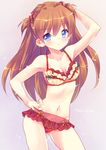  arm_up bikini blue_eyes blush breasts brown_hair cleavage commentary_request ech frilled_bikini frills hair_ornament hand_on_hip long_hair looking_at_viewer medium_breasts navel neon_genesis_evangelion simple_background solo souryuu_asuka_langley swimsuit two_side_up 