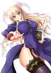  ayuhara_hiiro bad_id bad_pixiv_id black_legwear blonde_hair blue_eyes book breasts commentary_request covered_nipples garter_straps head_wings large_breasts long_hair looking_at_viewer no_panties priest priest_(ragnarok_online) ragnarok_online side_slit smile solo thighhighs 
