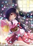  black_hair blush houraisan_kaguya japanese_clothes kimono long_hair looking_at_viewer moon night noe_noel red_eyes smile solo touhou tree wide_sleeves 