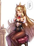  :d adjusting_clothes bad_id bad_twitter_id black_legwear blonde_hair blush breasts cagliostro_(granblue_fantasy) cleavage crown granblue_fantasy leotard long_hair open_mouth pantyhose purple_eyes sitting small_breasts smile solo strapless strapless_leotard sweatdrop translation_request very_long_hair yapo_(croquis_side) 
