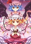  bat_wings blonde_hair blue_hair chain cuffs flandre_scarlet gradient gradient_background hands_clasped hat lavender_hair long_hair mob_cap multiple_girls orange_eyes own_hands_together pink_hat plant puffy_short_sleeves puffy_sleeves purple_background red_skirt remilia_scarlet shikitani_asuka short_hair short_sleeves siblings side_ponytail sisters skirt skirt_set teardrop tears thorns touhou vines white_hat wings wrist_cuffs 