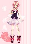  :&lt; bad_id bad_pixiv_id bare_shoulders boots character_name cross-laced_legwear detached_sleeves dress frown full_body heterochromia horns oni_horns original pantyhose pink_background pointy_ears red_eyes red_hair ribbon shirako_sei short_hair skirt_hold solo white_legwear wide_sleeves yellow_eyes 