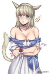  animal_ears aruma_jiki bare_shoulders blonde_hair blue_eyes blush breasts cleavage final_fantasy final_fantasy_xiv long_hair looking_at_viewer medium_breasts miqo'te open_mouth simple_background solo tail teeth twitter_username white_background 