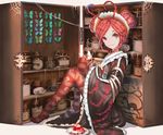  bug butterfly double_bun entoma_vasilissa_zeta insect insect_girl larva maid medicine_box nooko ofuda overlord_(maruyama) pantyhose red_eyes red_hair solo striped striped_legwear 