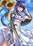  animal_ears aruma_jiki blue_eyes blue_sky braid cloud day dress final_fantasy final_fantasy_xiv flower hat hat_removed headwear_removed heterochromia miqo'te sky solo sunflower tail twin_braids twitter_username white_dress yellow_eyes 