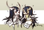  :d ? ahoge albedo anchorage_water_oni bare_shoulders black_hair breasts chibi cleavage crossover demon_girl demon_horns detached_collar dress eyes_visible_through_hair finger_to_mouth frilled_dress frills gloves hi_ye hip_vent horns kantai_collection long_hair look-alike looking_at_another medium_breasts multiple_girls open_mouth overlord_(maruyama) overskirt red_eyes shinkaisei-kan smile twitter_username white_dress white_gloves white_skin yellow_eyes 