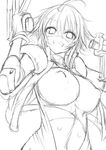  ahoge breasts dual_wielding gloves greyscale grin gun holding jacket large_breasts monochrome monster_musume_no_iru_nichijou nipples open_clothes open_jacket pp-2000 sketch smile solo stitches submachine_gun sukage uniform upper_body weapon zombie zombina 