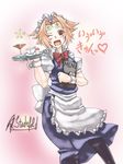  alternate_costume apron black_legwear blonde_hair blue_dress comic dress enmaided facial_mark fiona_(zoids) forehead_mark highres long_hair maid maid_apron maid_headdress one_eye_closed open_mouth pantyhose ponytail red_eyes ryuuno_stadtfeld solo zoids 