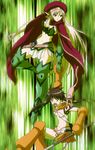  alleyne_(queen&#039;s_blade) alleyne_(queen's_blade) animal armor beret blonde_hair blue_eyes breasts brown_hair elf gradient gradient_background hat highres monkey multiple_girls nowa pointy_ears queen&#039;s_blade queen's_blade stitched 