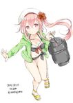  2015 adapted_costume bangs beret bikini black_bikini blush breasts character_name cleavage collarbone dated drum_(container) floating_hair flower from_above full_body hair_between_eyes hair_flower hair_ornament harusame_(kantai_collection) hat hibiscus holding hood hoodie kantai_collection knees_together_feet_apart leaning_forward long_hair long_sleeves looking_at_viewer medium_breasts navel open_clothes open_hoodie pink_eyes pink_hair sailor_bikini sailor_collar sandals side_ponytail sidelocks simple_background smile solo standing swimsuit thigh_gap twitter_username wataame27 white_background white_hat 