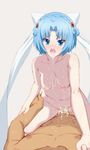  1boy 1girl ahegao akage bare_shoulders blue_eyes blue_hair blush braid breasts cum hair_ornament ludmila_lourie madan_no_ou_to_vanadis navel nude open_mouth pubic_hair saliva sex short_hair simple_background small_breasts tears tongue 
