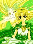  armband bad_id bad_pixiv_id blonde_hair breasts cape cardcaptor_sakura clamp_(style) creator_connection crossover fukujaku green green_background green_eyes hououji_fuu long_hair magic_knight_rayearth medium_breasts multiple_girls short_hair smile windy_(clow_card) wings wrist_cuffs yellow_eyes yellow_skin 