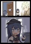  2girls akatsuki_(kantai_collection) anchor_symbol black_hat blonde_hair blue_eyes comic commentary_request door eyebrows_visible_through_hair flat_cap hat highres holding ichininmae_no_lady kantai_collection lipstick lipstick_tube long_hair makeup misumi_(niku-kyu) multiple_girls purple_hair richelieu_(kantai_collection) twitter_username 