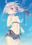  ahoge artist_name asashimo_(kantai_collection) bikini blush covering covering_one_breast cowboy_shot denim denim_shorts furrowed_eyebrows hair_over_one_eye highres imu_sanjo kantai_collection long_hair navel open_fly ponytail short_shorts shorts signature silver_hair solo swimsuit translated unzipped wavy_mouth 