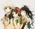  amagi_(kantai_collection) bad_id bad_twitter_id bare_shoulders black_hair braid brown_eyes brown_hair cleavage_cutout closed_eyes cloud_print crop_top flower grin hair_between_eyes hair_flower hair_ornament hair_over_shoulder hair_ribbon hita_(hitapita) kantai_collection katsuragi_(kantai_collection) light_brown_eyes light_smile long_hair looking_at_another messy_hair midriff multiple_girls open_mouth ponytail remodel_(kantai_collection) ribbon short_sleeves silver_hair single_braid smile unryuu_(kantai_collection) upper_body white_ribbon 