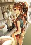  absurdres alternate_costume alternate_hairstyle apron ashigara_(kantai_collection) bare_shoulders blue_shirt blurry bow brown_eyes brown_hair curry curry_rice depth_of_field fang food foreshortening hair_between_eyes hair_bow hairband highres indoors kantai_collection kitazawa_(embers) kitchen long_hair looking_at_viewer open_mouth plate ponytail pot rice shirt shorts sleeveless sleeveless_shirt solo wavy_hair 