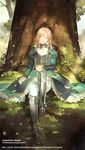  ahoge armor artoria_pendragon_(all) blonde_hair boots breastplate closed_eyes dress fate/stay_night fate_(series) greaves grey_footwear hair_down knee_boots latin metal_boots saber sitting solo starshadowmagician tree 