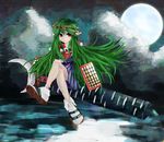  androgynous bow full_moon green_hair hair_ornament hairband hakama_skirt headband len'en long_hair moon mugenri pointy_ears red_eyes smile solo sword taira_no_fumikado tonntanukiunagiinu very_long_hair weapon 