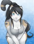  abstract_background anthro bangs big_breasts black_fur blue_eyes breasts calico_cat cat cat_named_fish cleavage clothed clothing cute feline female fur hair long_hair looking_at_viewer mammal orange_fur ponytail shirt simple_background smile solo spots stripes tank_top white_fur 