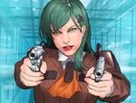  blew_andwhite commentary_request dual_wielding green_eyes green_hair gun holding kantai_collection long_hair military military_uniform milla_jovovich real_life realistic resident_evil solo suzuya_(kantai_collection) uniform weapon 