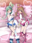  2girls aqua_eyes aqua_hair asymmetrical_clothes asymmetrical_legwear brown_hair covering covering_breasts female hand_holding haruka_(pokemon) kuroi_paseri looking_at_viewer lucia_(pokemon) multiple_girls navel nintendo partially_visible_vulva pokemon pokemon_(game) pokemon_oras single_thighhigh striped_legwear 