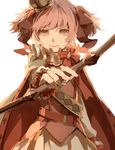  alternate_costume belt bow bow_(weapon) cape crown kaname_madoka lemontea looking_at_viewer magical_girl mahou_shoujo_madoka_magica pink_eyes pink_hair red_cape ribbon short_hair short_twintails smile solo twintails weapon 