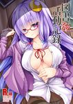  bespectacled cardigan contemporary cover cover_page glasses lying open_clothes open_shirt panties panties_under_pantyhose pantyhose patchouli_knowledge purple_eyes purple_hair red-framed_eyewear sakamina school_swimsuit shirt solo swimsuit touhou underwear white_panties 