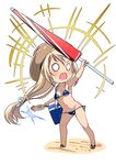  beach_umbrella bikini blonde_hair blue_eyes chibi closed_umbrella full_body granblue_fantasy hat highres ikayaki jeanne_d'arc_(granblue_fantasy) long_hair navel no_pupils satsuki_imonet side-tie_bikini simple_background solo squid swimsuit umbrella white_background white_eyes 