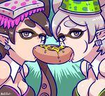  akairiot aori_(splatoon) bad_id bad_tumblr_id black_hair breasts brown_eyes cleavage detached_collar earrings fang food food_on_head green_background hot_dog hotaru_(splatoon) jewelry large_breasts mole mole_under_eye multiple_girls mustard object_on_head phallic_symbol pointy_ears sexually_suggestive shared_food splatoon_(series) splatoon_1 sushi symmetry tentacle_hair tentacles white_hair 