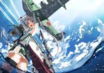  ahoge akitsushima_(kantai_collection) armpits arms_up ass cloud day from_below grey_eyes kantai_collection looking_at_viewer miniskirt nishikitaitei-chan open_mouth silver_hair skirt sky smile solo thighhighs tsuuhan twintails wet wet_clothes zettai_ryouiki 