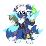  2_tails 3_toes 4_fingers anthro belt biped blue_fur book chest_tuft clothing featureless_crotch fire fire_emblem fur green_eyes hair magic male meowstic multi_tail nintendo oob open_mouth pok&eacute;mon pok&eacute;mon_(species) robe robinstic_(robinstic) standing toes tuft video_games white_hair 