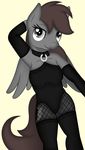  2015 anthro bottomless brown_hair clothed clothing collar cutie_mark elbow_gloves equine fan_character fishnet fur gloves grey_eyes grey_fur hair half-closed_eyes half-dressed legwear mammal my_little_pony pegasus simple_background smile solo theshadowstone thigh_highs wings 