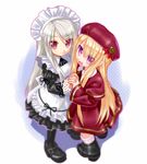 bangs blonde_hair boots capelet commentary_request copyright_request eyebrows_visible_through_hair hair_between_eyes hat holding_hands kishita lace lace-trimmed_skirt maid maid_headdress multiple_girls purple_eyes ribbon shoes silver_hair skirt smile thighhighs 