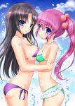  asymmetrical_docking bikini black_hair blue_eyes breast_press breasts highres kurugaya_yuiko little_busters! long_hair mogupuchi multiple_girls purple_hair saigusa_haruka side_ponytail swimsuit 