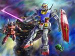  energy_sword guncannon gundam mecha mobile_suit_gundam poteto335 rx-78-2 severed_head shield space sword weapon zaku zaku_ii 