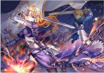  2girls ahoge armor armored_dress artoria_pendragon_(all) banner black_legwear blonde_hair blue_dress blue_ribbon braid braided_ponytail chains dress excalibur fate/grand_order fate_(series) faulds floating_hair gauntlets hair_ribbon headpiece holding holding_sword holding_weapon jeanne_d&#039;arc_(fate) jeanne_d&#039;arc_(fate)_(all) long_hair multiple_girls ribbon saber single_braid sky standing star_(sky) starry_sky sword thighhighs very_long_hair weapon ying_yue 