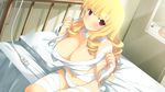  bandages bed bed_sheet blonde_hair blush breasts cable cleavage drill_hair evenicle game_cg large_breasts long_hair naked_bandage natal navel pillow purple_eyes sitting smile solo yaegashi_nan 