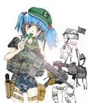  alternate_costume american_flag ammunition_pouch animal_ears ar-15 assault_rifle backpack bag bandaid bandaid_on_face belt blue_eyes blue_hair blush camouflage canteen collarbone cucumber digital_camouflage ear_protection eotech flag flask food from_behind gloves gun hair_bobbles hair_ornament handgun hat headset helmet holster inubashiri_momiji kawashiro_nitori load_bearing_equipment load_bearing_vest looking_at_viewer looking_back m16a2 m4_carbine magazine_(weapon) military military_uniform multiple_girls nakamura_3sou pants partially_colored plate_carrier pocket pouch rifle short_hair simple_background single_glove sling smile snap-fit_buckle stanag_magazine thigh_holster touhou twintails two_side_up uniform us_army vertical_foregrip weapon white_background wolf_ears 