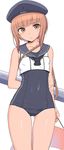  arms_behind_back blush brown_eyes brown_hair cosplay crop_top hat highres kantai_collection looking_at_viewer makabe_gorou one-piece_swimsuit open_mouth ro-500_(kantai_collection) ro-500_(kantai_collection)_(cosplay) sailor_collar sailor_hat school_swimsuit short_hair solo swimsuit swimsuit_under_clothes tan tanline z3_max_schultz_(kantai_collection) 