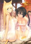  2girls absurdres animal_ears arm_support autumn_leaves bangs bare_shoulders bath blonde_hair blue_eyes blush breasts brown_hair cat_ears cat_tail cleavage collarbone covered_nipples day eyebrows_visible_through_hair fingernails highres leaf long_hair looking_at_viewer looking_back maple_leaf medium_breasts multiple_girls naked_towel onsen outdoors parted_lips purple_eyes rubber_duck scan shiny shiny_hair shiny_skin sitting smile steam tail tanaka_takayuki thighs toranoana towel toy wading water 