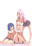  3girls :d akinbo_(hyouka_fuyou) barefoot bent_over blue_hair brown_shirt brown_skirt chloe_von_einzbern crossed_arms dark_skin fate/kaleid_liner_prisma_illya fate_(series) full_body hair_ornament highres illyasviel_von_einzbern long_hair long_sleeves looking_at_viewer miniskirt miyu_edelfelt multiple_girls neck_ribbon open_mouth orange_eyes panties pink_hair pleated_skirt red_eyes ribbon sailor_collar shirt short_hair side_ponytail silver_hair simple_background sitting skirt smile standing underwear white_background white_panties white_sailor_collar yellow_eyes 