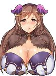  breasts brown_eyes brown_hair cleavage demon_girl hair_in_mouth heart heart-shaped_pupils highres horns huge_breasts idolmaster idolmaster_cinderella_girls long_hair looking_at_viewer nitta_minami poko_chin solo succubus symbol-shaped_pupils upper_body 