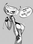  big_butt blush brokenlynx21 butt english_text female looking_at_viewer looking_back machine monochrome my_life_as_a_teenage_robot robot text tongue tongue_out vega 