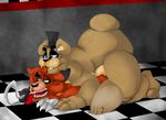  anal anal_penetration animatronic anthro barefoot bear bow canine chubby eye_patch eyewear five_nights_at_freddy&#039;s fox foxy_(fnaf) freddy_(fnaf) fronnie half-closed_eyes hat headgear hook hook_hand inside looking_down machine male male/male mammal nude on_floor on_top open_mouth penetration pirate robot sex sharp_claws sharp_teeth smile teeth tongue tongue_out video_games 